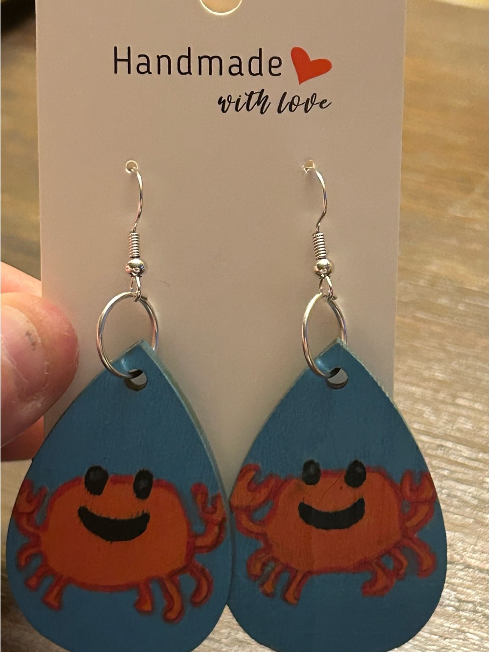 NWT Handmade Jewelry Blue Teardrop Earrings Hand Painted Crab - Picture 5 of 5